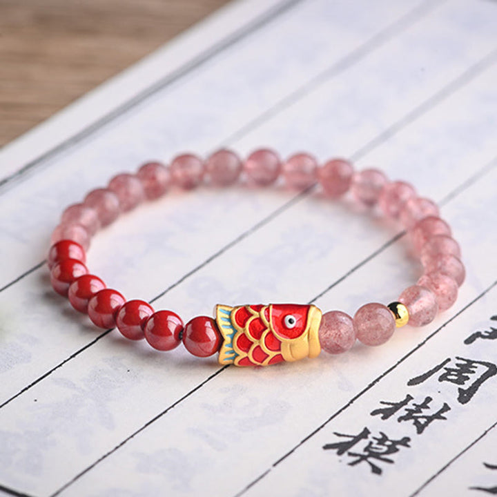 Armband Erdbeerquarz Zinnober Koi Fisch elastisch Naturstein Perlen