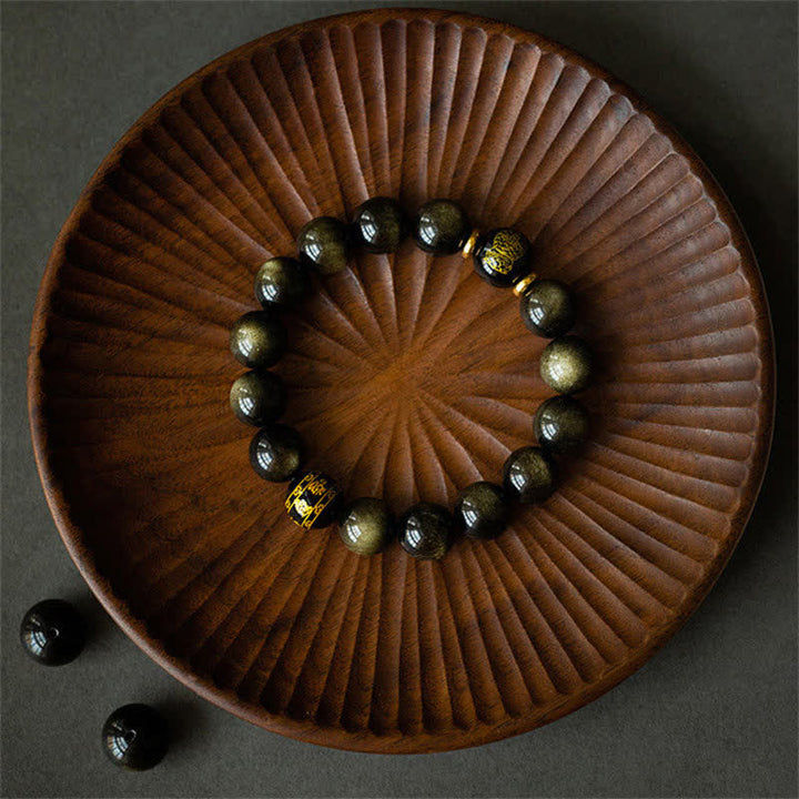 Obsidian Armband Chinesisches Tierkreis Schutz Wohlstand Holzschale Naturstein