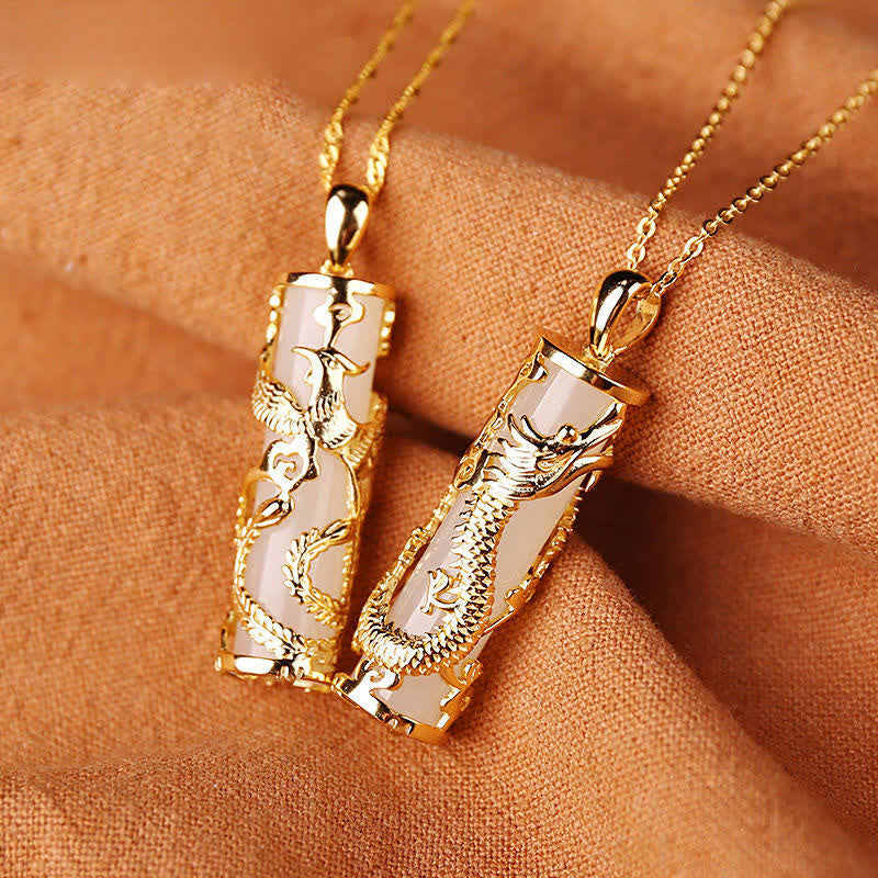 Jade Drachen Phönix Kupfer Kette Anhänger gold glänzend getragen