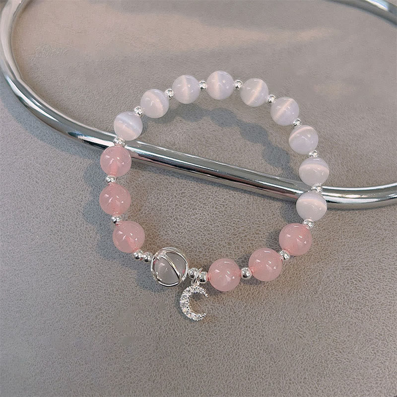 Armband Kristall Mond – Liebe Rosenquarz zartes Rosa Mondanhänger elegant