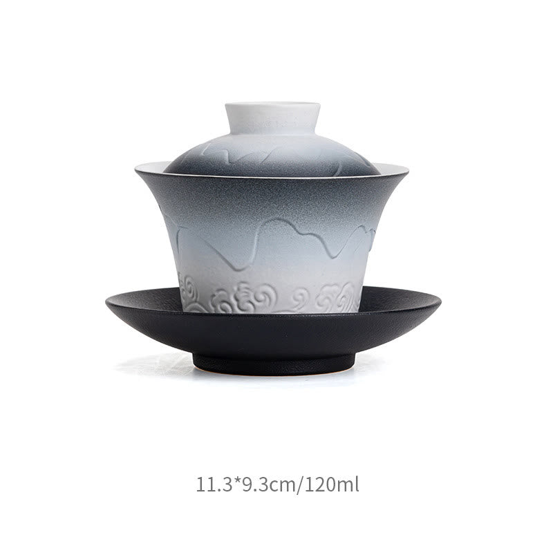 Teetassen Mit Untertassen Gaiwan Blau Wellen Schwarz-Weiß Verlauf