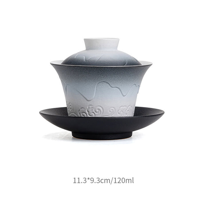 Teetassen Mit Untertassen Gaiwan Blau Wellen Schwarz-Weiß Verlauf