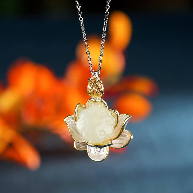 Kette Weiße Jade Lotus Glück Silber Anhänger