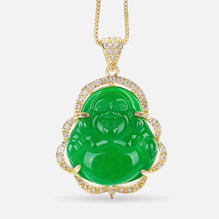 Grüner Jade Buddha Anhänger mit diamantierter Goldfassung elegant.