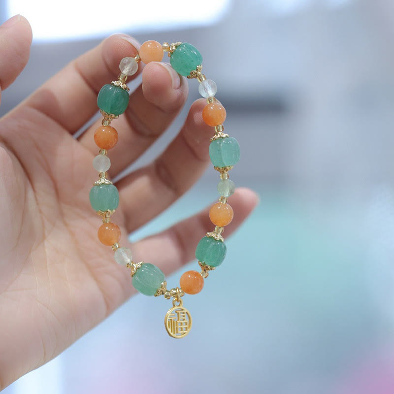 Armband Jade Fu-Zeichen – Wohlstand grüner Stein orange Perlen Handgelenk
