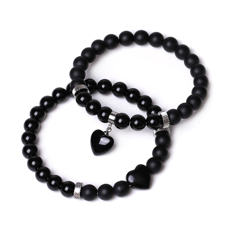 Armband Schwarzer Onyx Kristall Paar mit Herzanhänger elegantes Design