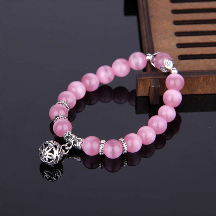 Rosa Quarz Armband Katze – Glück silberne Perlen eleganter Schmuck
