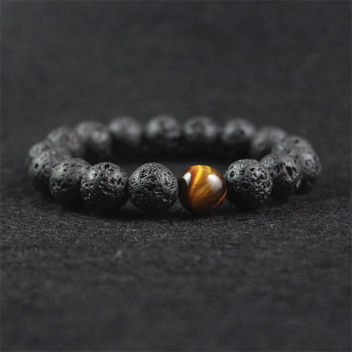 Armband Tigerauge schwarze Lava-Perlen goldener Stein Heilung Frieden elastisch