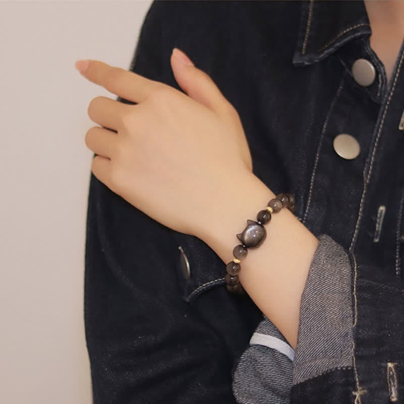 Armband Gold Silber Obsidian Katze - Schutz