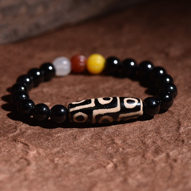 Armband – Wohlstand Energie schwarzer Obsidian Perlen mit Dzi-Stein Anhänger
