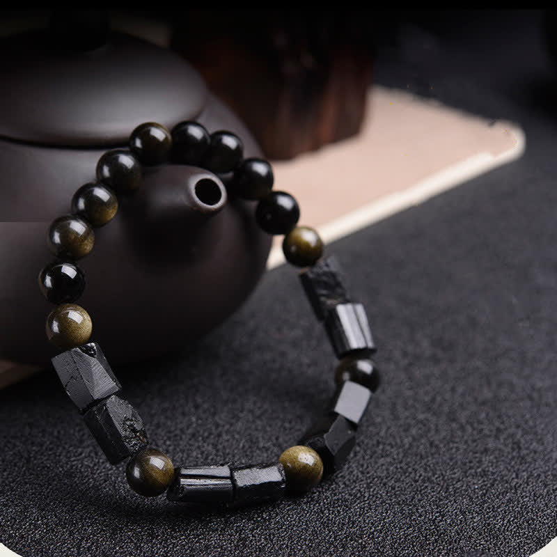 Obsidian Armband mit goldfarbenen Perlen und schwarzen Würfeln, Wohlstand.