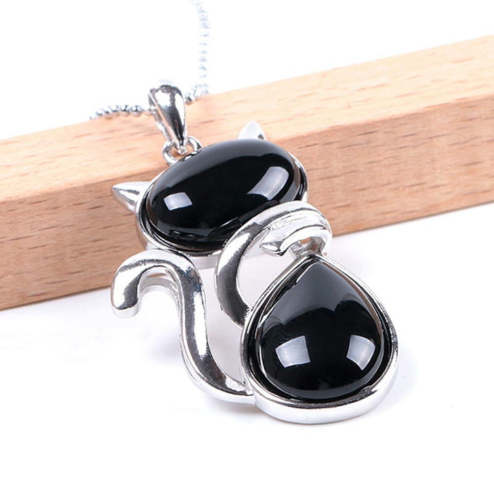 Kette Kristall Katze Obsidian Anhänger Silber Glücksbringer Schutzstein