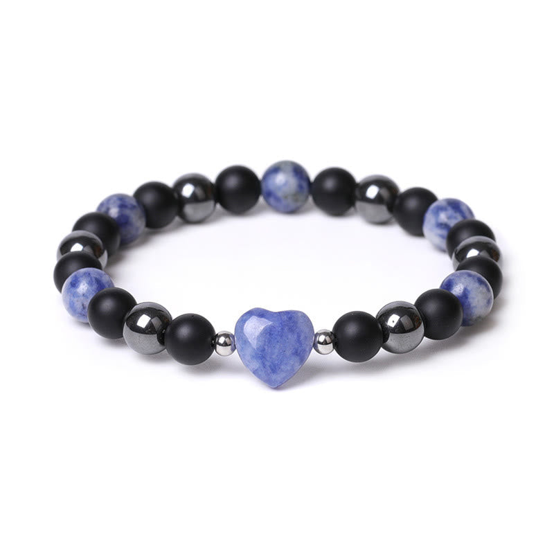 Armband Schwarzer Onyx Tigerauge mit blauem Herz Naturstein elastisch