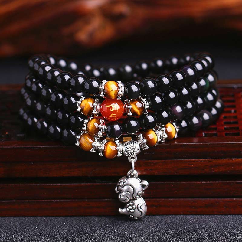 Armband Schwarzer Obsidian Tigerauge Chinesisches Tierkreis – Glück elastisch getragen