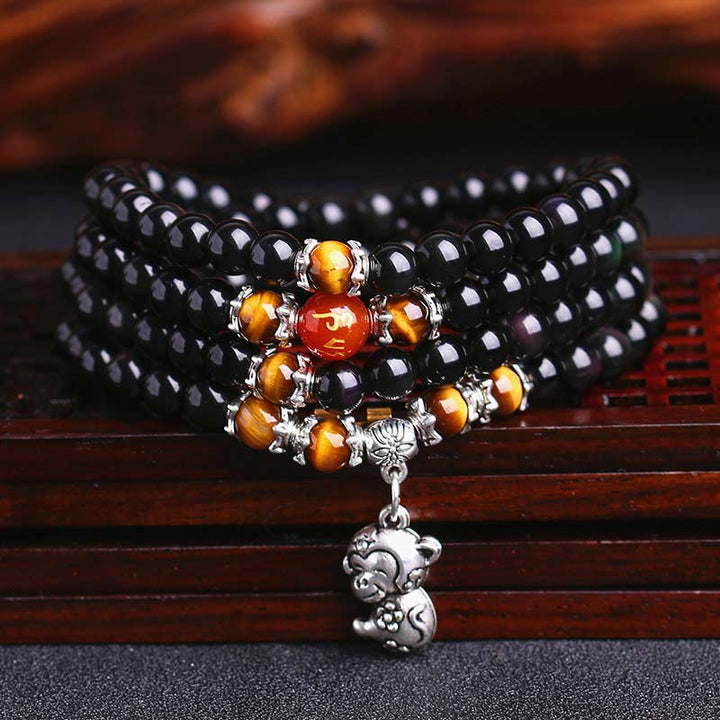 Armband Schwarzer Obsidian Tigerauge Chinesisches Tierkreis – Glück elastisch getragen