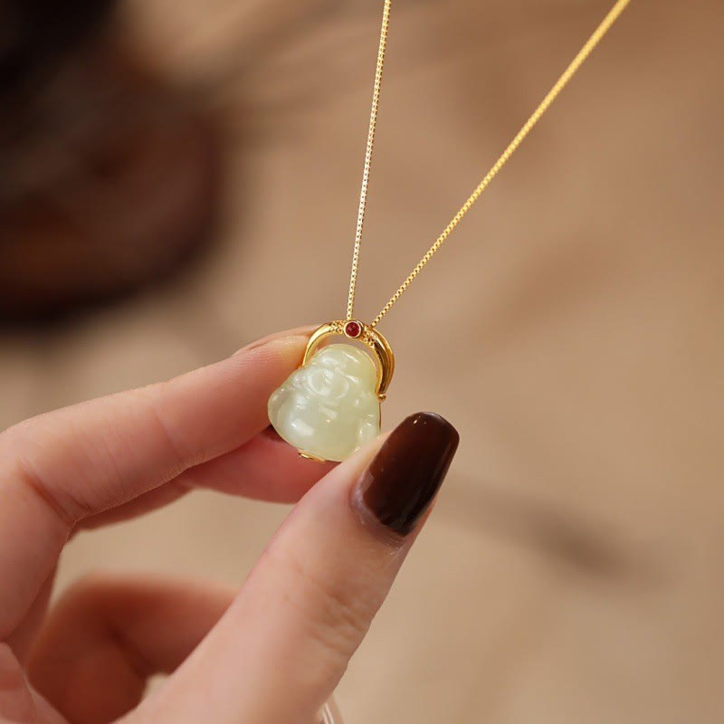 Jade Halskette, Buddha Anhänger, Glücks Kette, Reichtums Symbol, Natur Jade