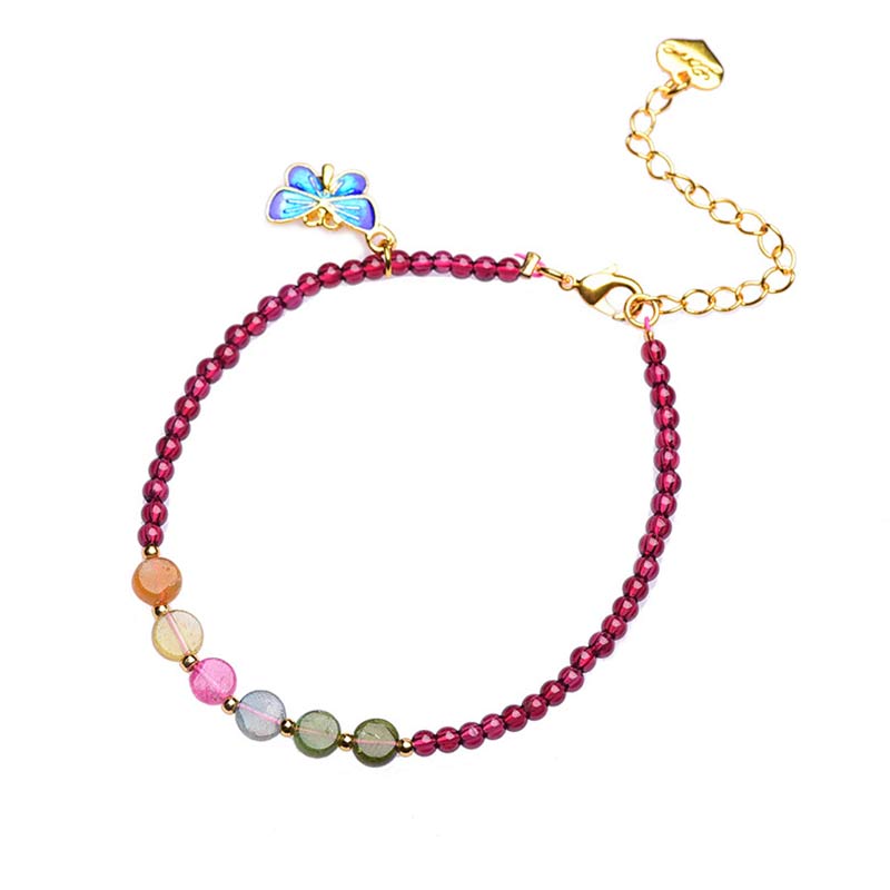Armband Granat Schmetterling mit bunten Perlen und Schmetterlingscharm elegant.