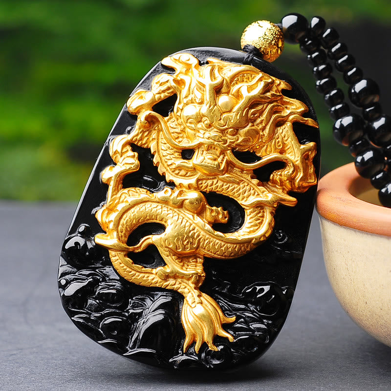 Kette Obsidian Drachen Gold schwarzer Stein Anhänger Naturstein
