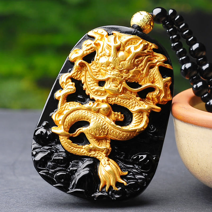 Kette Obsidian Drachen Gold schwarzer Stein Anhänger Naturstein