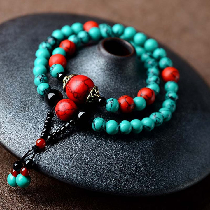 Armband Türkis Rot Schwarzer Onyx Perlen Schutz Elastisch Handmade