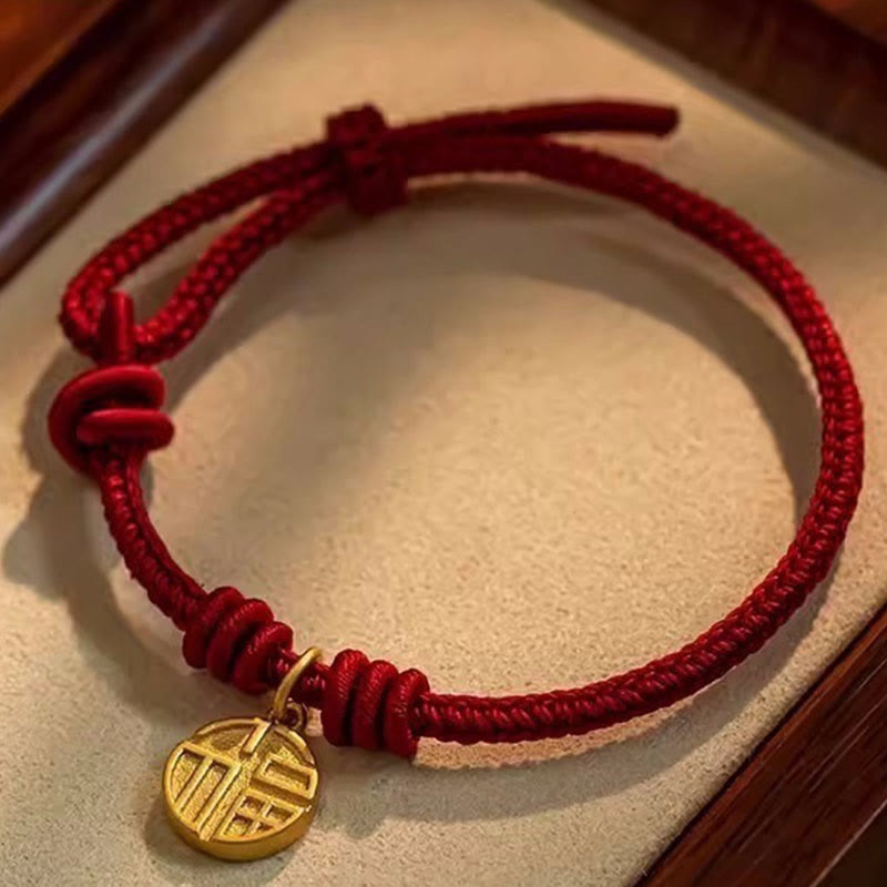 Rotes Armband Fu-Zeichen – Glück & Frieden goldener Anhänger elastisch