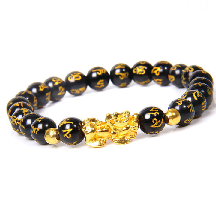 Armband Obsidian Pixiu mit goldenen Perlen schwarzer Stein Glück Wohlstand