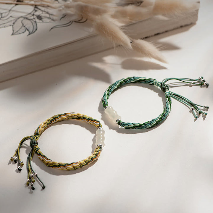 Armband Weiße Jade Bambus Glück Wohlstand grün gold Schnur Perlen