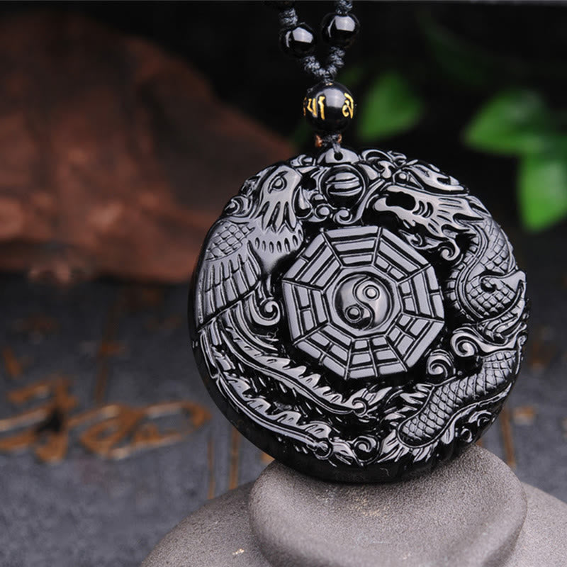 Anhänger Obsidian schwarzer Drachen Phönix Yin Yang Amulett