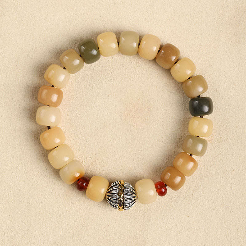 Bodhi-Samen Armband mit Om-Perle, Naturstein elastisch, beige braun