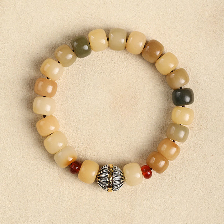 Bodhi-Samen Armband mit Om-Perle, Naturstein elastisch, beige braun