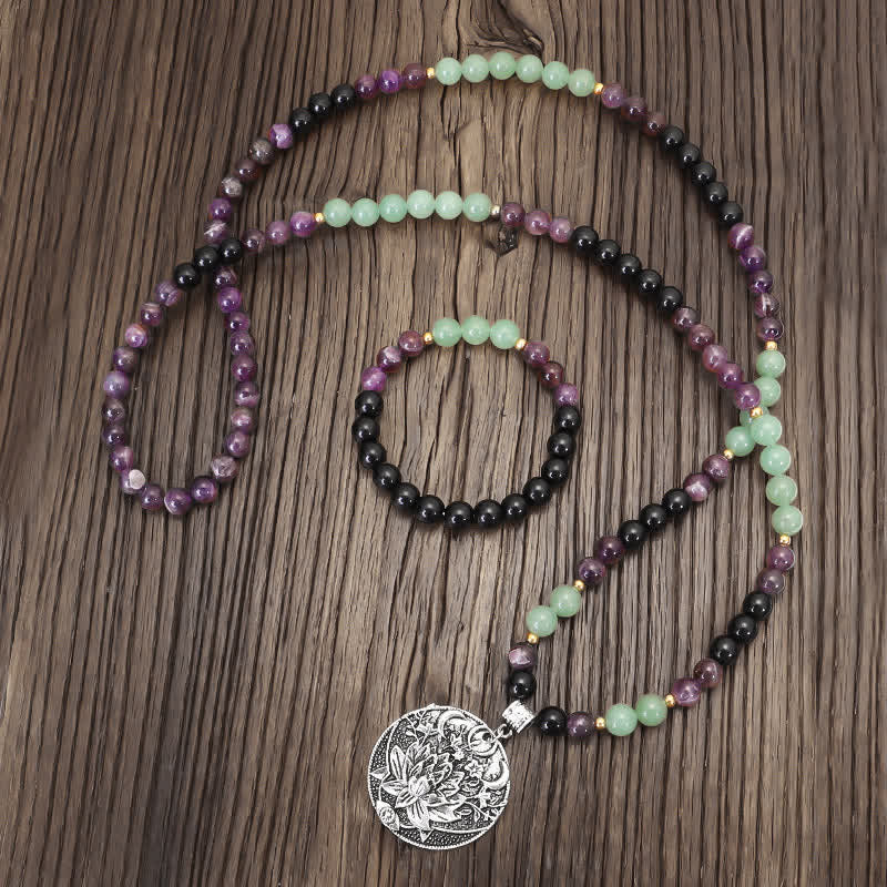 Armband Grüner Aventurin Amethyst Lotus Blütenanhänger Naturstein elastisch.