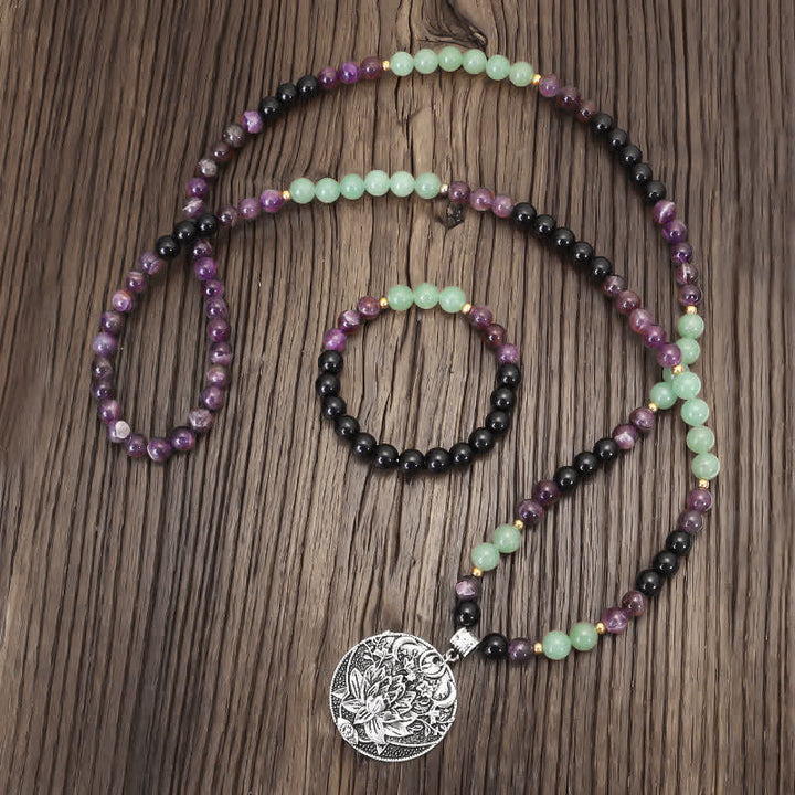 Armband Grüner Aventurin Amethyst Lotus Blütenanhänger Naturstein elastisch.
