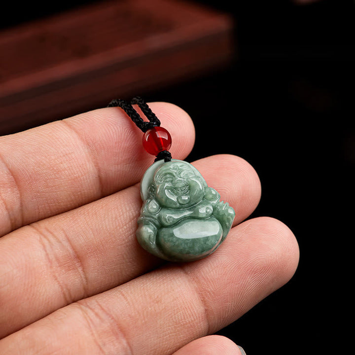 Jade Kette Lachender Buddha Anhänger grün Naturstein Glück Amulett