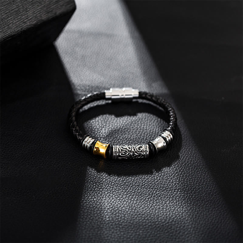 Schwarzes Leder Armband Tang Dynastie Blume Glück mit goldenen Akzenten