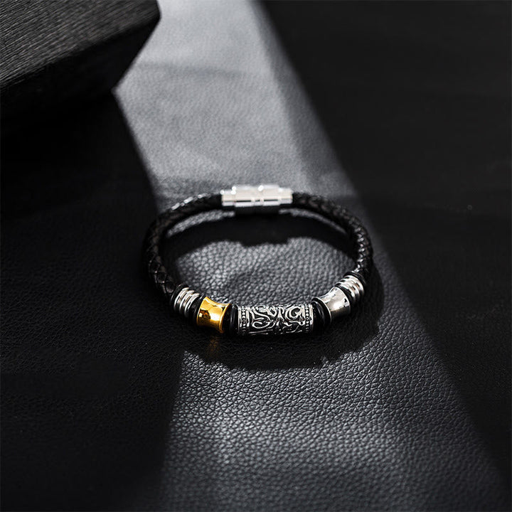 Schwarzes Leder Armband Tang Dynastie Blume Glück mit goldenen Akzenten