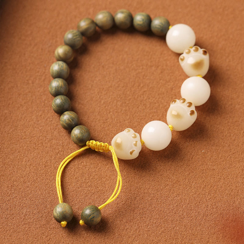 Armband Sandelholz Bodhi Katze Perlen grün weiß elastisch