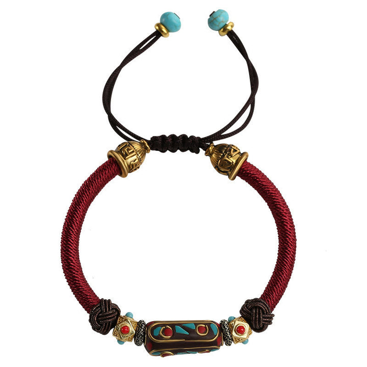 Armband Türkis Om Mani Padme Hum mit burgunderfarbener Schnur elastisch.