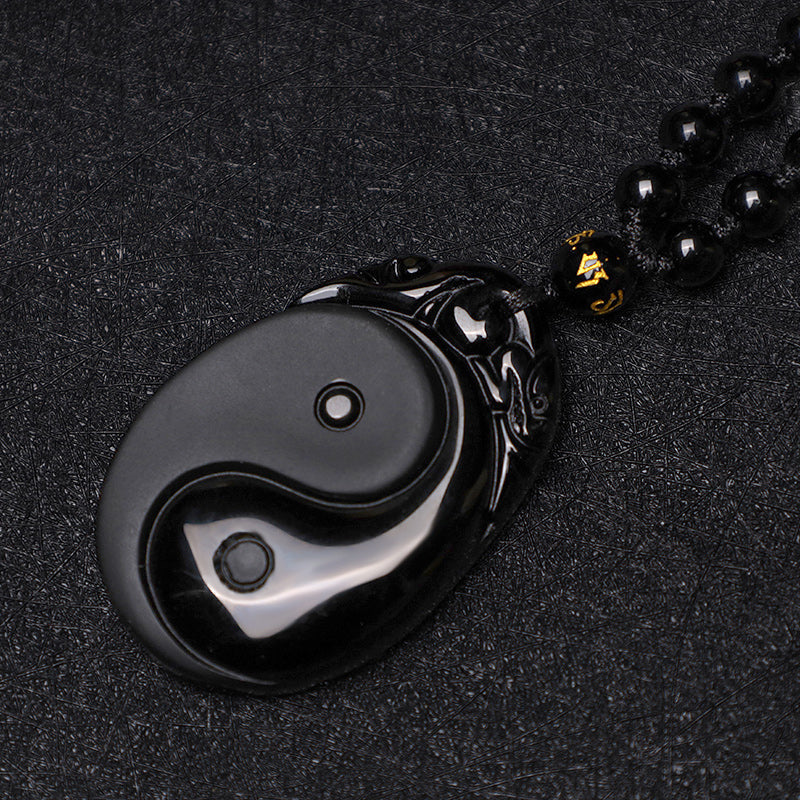 Anhänger Obsidian Yin Yang schwarzer Naturstein Kraft Erfüllung Perlen