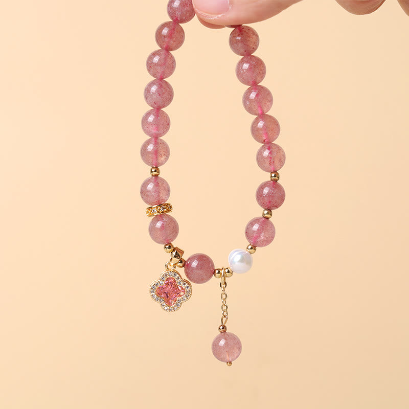 Armband Erdbeerquarz Perle Kleeblatt Rosa Naturstein Heilung Liebe Eleganz