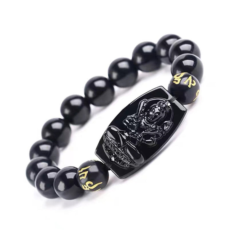 Schwarzes Obsidian Armband mit Pixiu Anhänger elastisch getragen