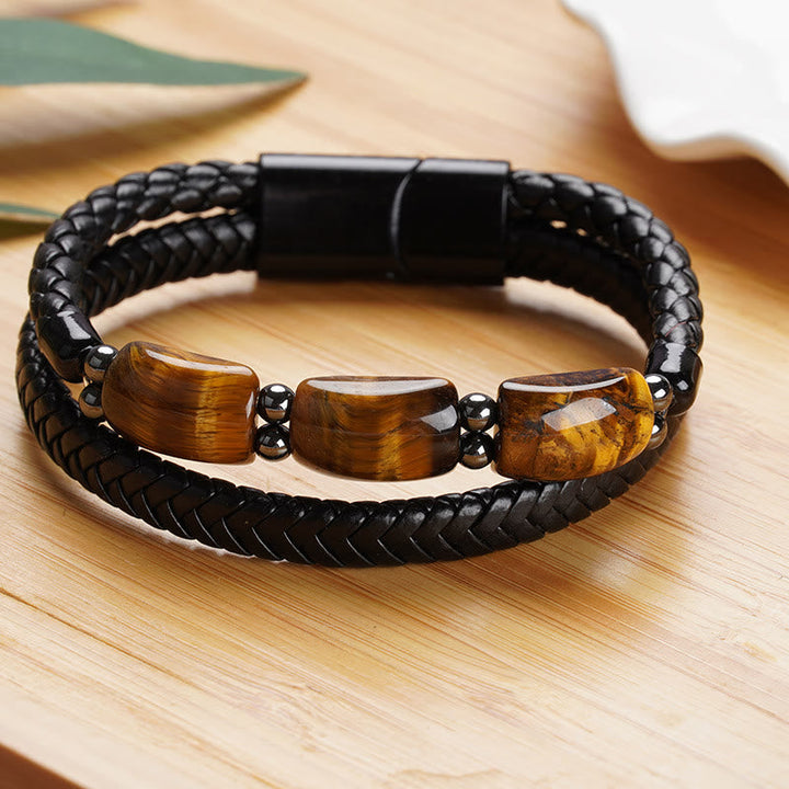 Armband Tigerauge Magnetisch mit schwarzem Lederband Magnetverschluss