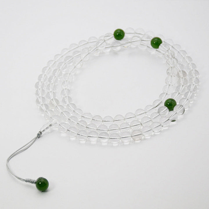 Mala 108 Perlen Weißer Kristall mit grünen Jade Akzentperlen Armband