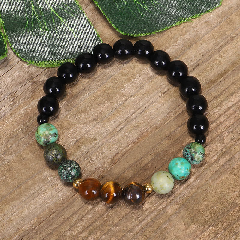 Mala Tigerauge Türkis Armband schwarze Obsidian Perlen Naturstein elastisch