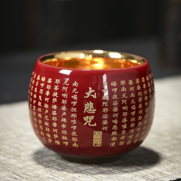 Teetasse Mit Henkel Herz-Sutra Mantra Keramik Rot Großes Mitgefühl Mantra / 130ml