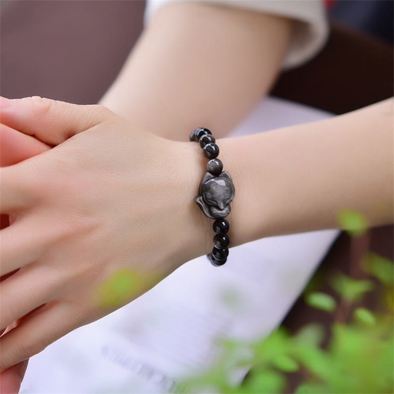 Obsidian Armband Silber Fuchs schwarze Perlen Handgelenk Schutz elegant