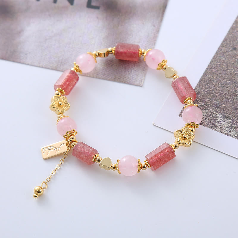 Armband Erdbeerquarz Kristall mit rosa Steinen goldenen Perlen elegant