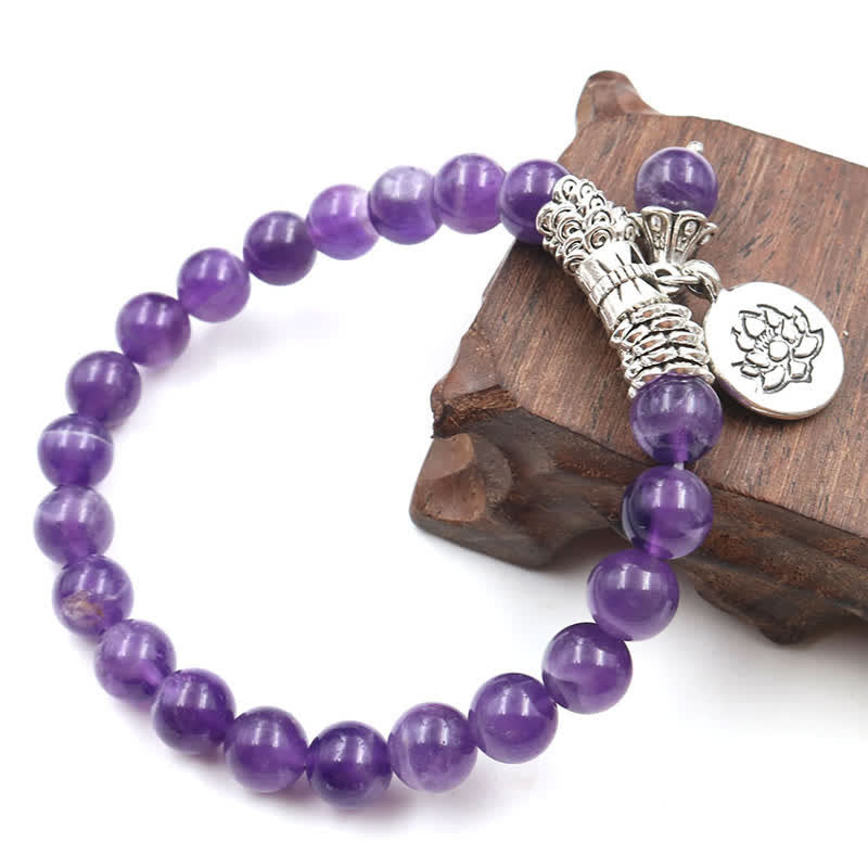 Amethyst Kristall Lotus Armband Heilstein lila Perlen Silber Charm.