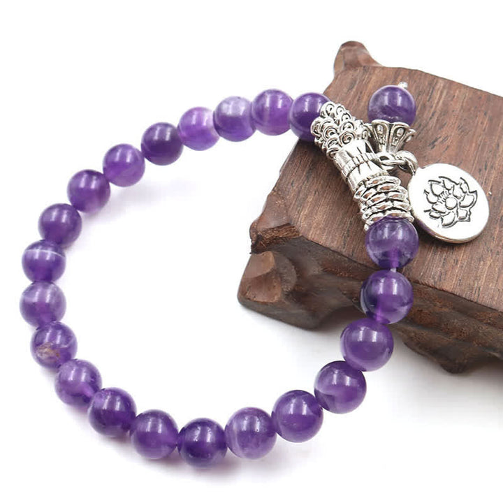 Amethyst Kristall Lotus Armband Heilstein lila Perlen Silber Charm.