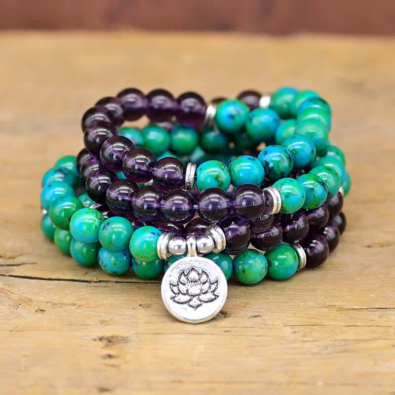 Armband Grüner Aventurin Amethyst Lotus Energie Naturstein elastisch