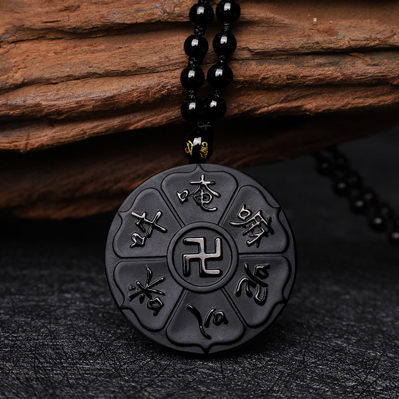 Schwarzer Obsidian Kette Om Mani Padme Hum Glück Anhänger Naturstein